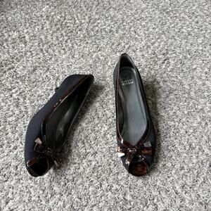 Stuart Weitzman Black Brown Tortoise Shell Kitten Heels Peep Toe Pumps Bow 9.5 M